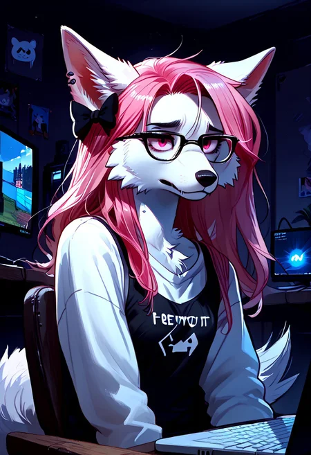 score_9, score_8_up, score_7_up, easynegative, realistic style, detailed face, solo, anthro, furry, Expressiveh, masterpiece, raw quality, best quality, extremely detailed, stunning beautiful, high definition, HD, cute, girl, BREAK Keiko, 1girl, solo, furry female, animal ears, tail, collar, multicolored hair, spikes, long hair, ear piercing, wolf ears, hair bow, glasses, body fur, white fur, pink fur, two tone fur, pink hair, pink eyes, wolf tail,
jaded, jaded expression, tired, half closed eyes, closed mouth, small black cloud sketched above her head, bags under eyes,
inside, indoors, bedroom, Desk, Chair, Keyboard, Mouse (PC), RGB, Gamer, Neon. Laptop, HDA_pet_play,
night time, in the dark, fca_style, Low-key lighting, light coming from the screen,