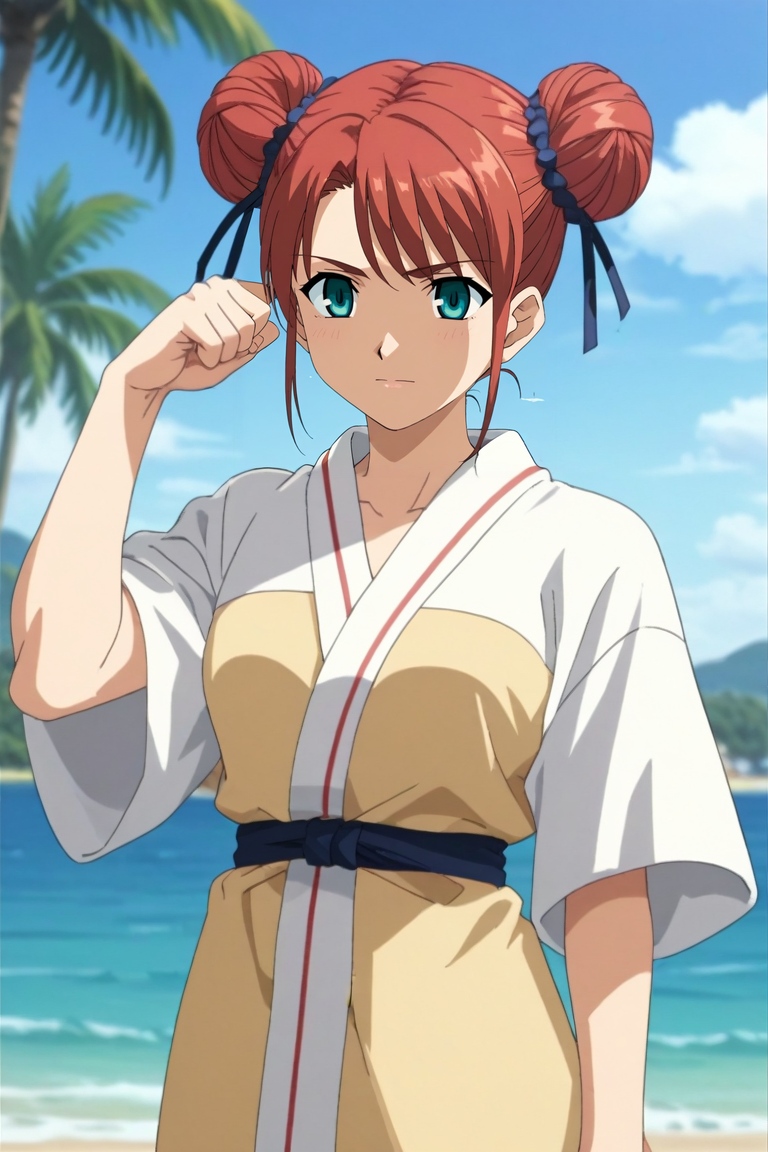 score_9, score_8_up, score_7_up, , anime screencap, rating_safe, intricate details, , depth of field, 1girl, jade eyes, red hair, double-buns hairstyle, ,, solo, panorama, beach, palm tree, towel, light, flexing, nervous, <lora:fsn_style_pony:0.96>, fsn_style, , <lora:sdxl_lightning_8step_lora:1>