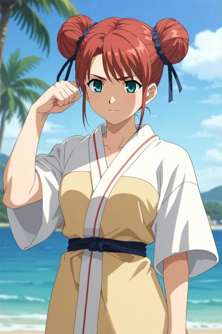 score_9, score_8_up, score_7_up, , anime screencap, rating_safe, intricate details, , depth of field, 1girl, jade eyes, red hair, double-buns hairstyle, ,, solo, panorama, beach, palm tree, towel, light, flexing, nervous, <lora:fsn_style_pony:0.96>, fsn_style, , <lora:sdxl_lightning_8step_lora:1>