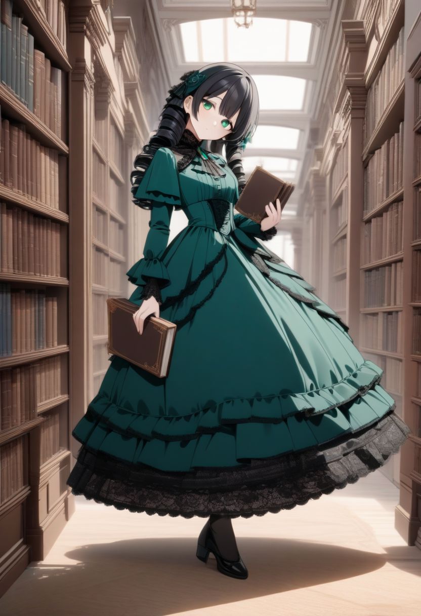 8k, masterpiece, highly detailed,
1girl wearing an emerald blue  (victorian dress), <lora:victorian_dress-XL-2.0:1>
black hair, ringlets, green eyes,
full body, head tilt, holding a book, library, black lace
