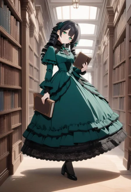 8k, masterpiece, highly detailed,
1girl wearing an emerald blue (victorian dress), <lora:victorian_dress-XL-2.0:1>
black hair, ringlets, green eyes,
full body, head tilt, holding a book, library, black lace