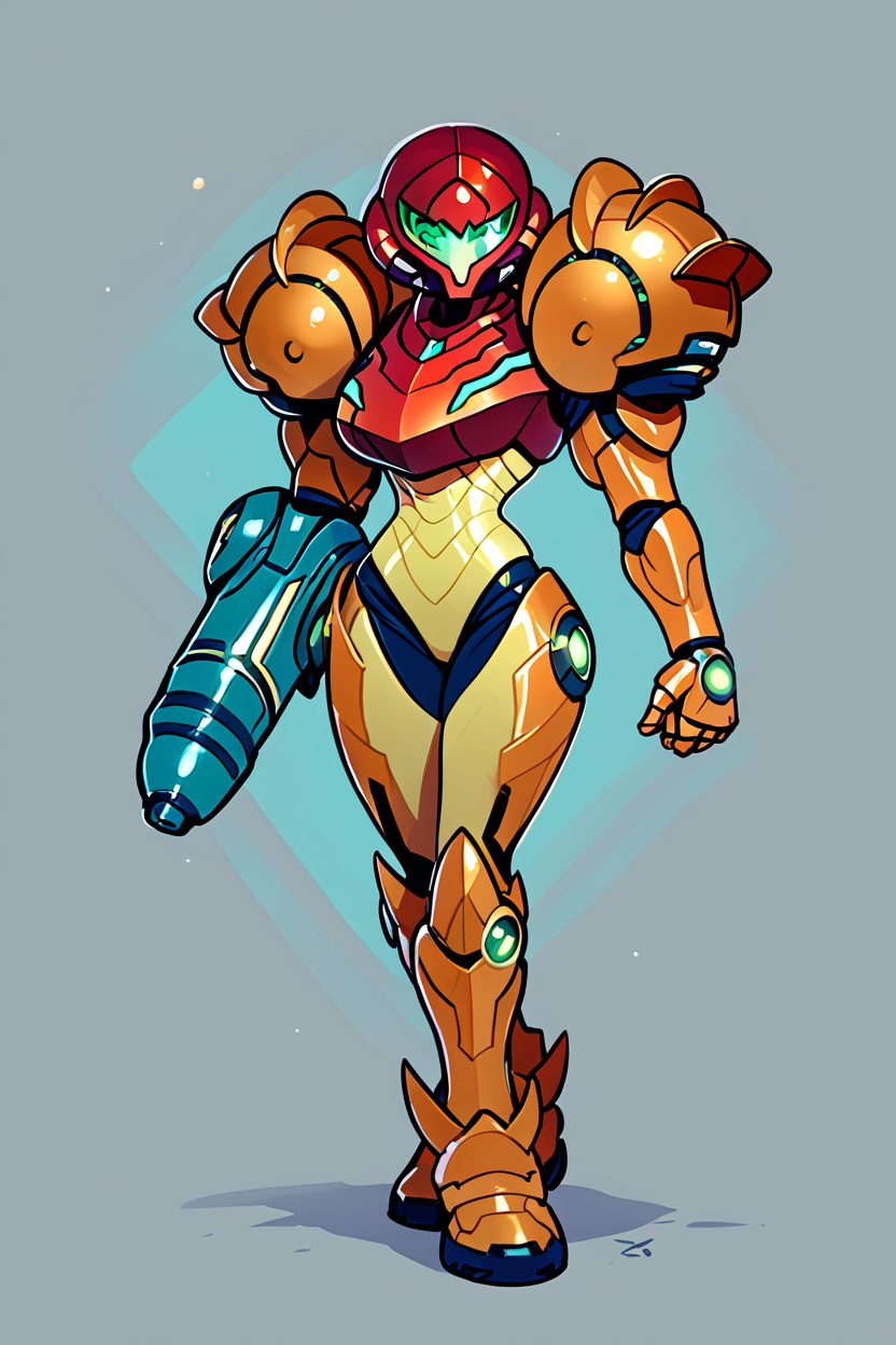 score_9, score_8_up, score_8, medium breasts, (curvy),   ,,, , ,,, zzSamus, varia suit, arm cannon, shoulder armor, pauldrons, armor, neon trim,  visor (armor), full armor,  <lora:SamusVariaSuit_PDXL:1.0>,     ,,,, BREAK, socks, big shoes, ,,, smile, looking at viewer, cowboy shot, ,,, embedding:zPDXL, Expressiveh, ,,, <lora:CuteToonPDXL:0.8>, <lora:SDXLFaeTastic2400:0.5>, <lora:Expressive_H-000001:0.4>,