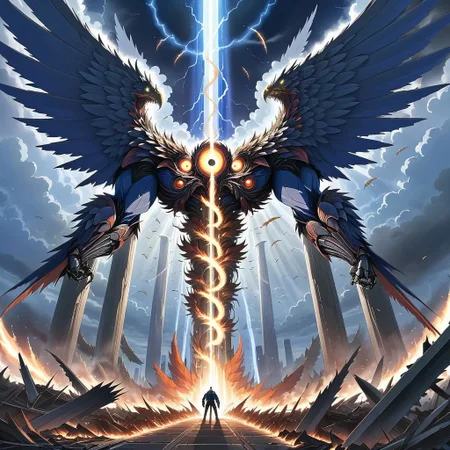 a terrifying monstrosity with many wings and multiple heads surrounded by halos unleashes a pillar of light causing massive destruction,anime,art by makoto shinkai