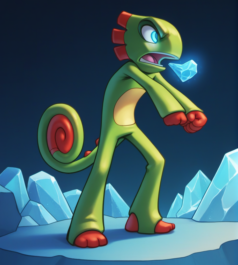 score_9, score_8_up, score_7_up, high res, digital media (artwork), absurd res, 2d, backlighting:0.8, source_furry, <lora:Yooka_and_Laylee_-_Kracklestone_Designs:0.95> yooka, anthro, scalie, chameleon, ear frill, curled tail, front view, blue eyes, glowing eyes, ice, ice background, blue background, blue skin, action pose, looking at viewer, open mouth, angry, (ice breath)