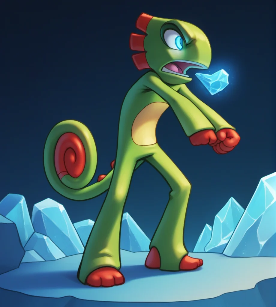 score_9, score_8_up, score_7_up, high res, digital media (artwork), absurd res, 2d, backlighting:0.8, source_furry, <lora:Yooka_and_Laylee_-_Kracklestone_Designs:0.95> yooka, anthro, scalie, chameleon, ear frill, curled tail, front view, blue eyes, glowing eyes, ice, ice background, blue background, blue skin, action pose, looking at viewer, open mouth, angry, (ice breath)