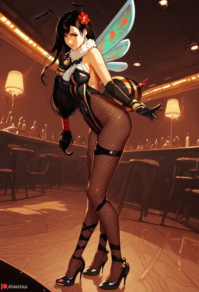 score_9, score_8_up, score_7_up, masterpiece, high quality, ultra detailed, absurdres, Expressiveh,  negative_hand, g0thicPXL, neon BREAK 1girl, 24 year old girl, slim figure, medium boobs, pierced nipples, round butt, tifa lockhart, makeup, black hair, red eyes, black gloves, (highleg leotard, fishnet pantyhose, antennae, insect wings, leg ribbons, high heels, fur collar, hair flower) BREAK posing, sexy, dynamic angle BREAK stripclub, private room, private booth, red heart bed, late night, closeup