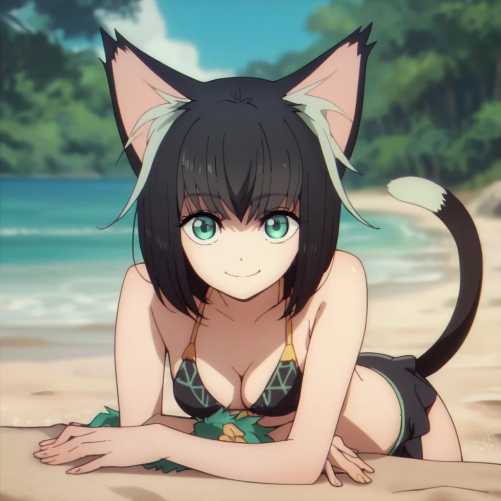 score_9, score_8_up, score_7_up, score_6_up, score_5_up, score_4_up, source_anime, , Tama, cat girl, black hair, beach, bikini, playfull, sunny, smile at viewer
