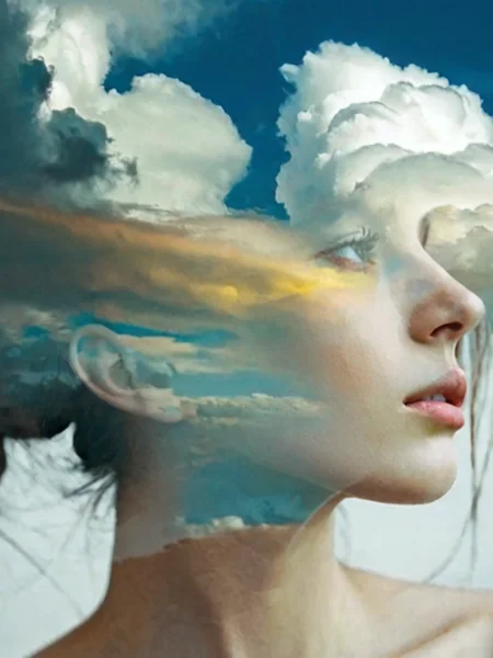 free flowing, high definition, color theory, stunning, sharp focus, close up of head, portrait of a girl, double exposure sky with clouds, amora-style <lora:antonio-mora-style:1>