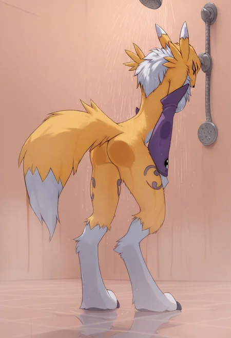 score_9, score_8_up, score_7_up,score_6_up, score_5_up, score_4_up
Indoors, shower, shower cabine, fog
<lora:V2:1> renamon  digimon (creature) furry,  fang, body fur, fur,  purple gloves, yin yang, black claws, fox tail skinny, 1 girl, breasts, skinny, two tone fur,
Medium breasts, horny, full body
Showering, puddle on floor, close view, very wet, wet fur, body fur, water fog, butt against glass, head down, butt in the air