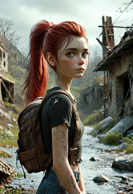 score_9, score_8_up, score_7_up, 1woman, Masterpiece, 4k, ultra high detail, 21yo, small_breast_size, long red ponytail hair, fcNeg, stunning green eyes, freckles, white skin, small nose, innocent beauty, slim cute face, skinny body, red hair, adult woman,
Alerted look, dry tears, dirty clothes, dirty face,
particles,
Dark sky with stormclouds, ash, falling Ash like dark snow, ruins, wasteland, cityruins, lightly torn dark gamer_shirt, heavy_torn_dirty_skinny_jeans, dirty_clothes, used_camping_backpack,
Meeting the Apes, Caesar1024,
End of the World,
negative_hand, NightScapes, ng_deepnegative_v1_75t, green eyes, perfecteyes,