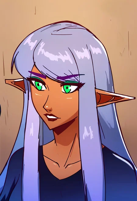 score_9, score_8_up, score_7_up, portrait, beautiful, derpixonstyle, fandeltalesrizella, green eyes, elf, pointy ears, Purple hair, dark blue robe, dark blue toga, dark skin, dark skinned female, long hair, straight hair