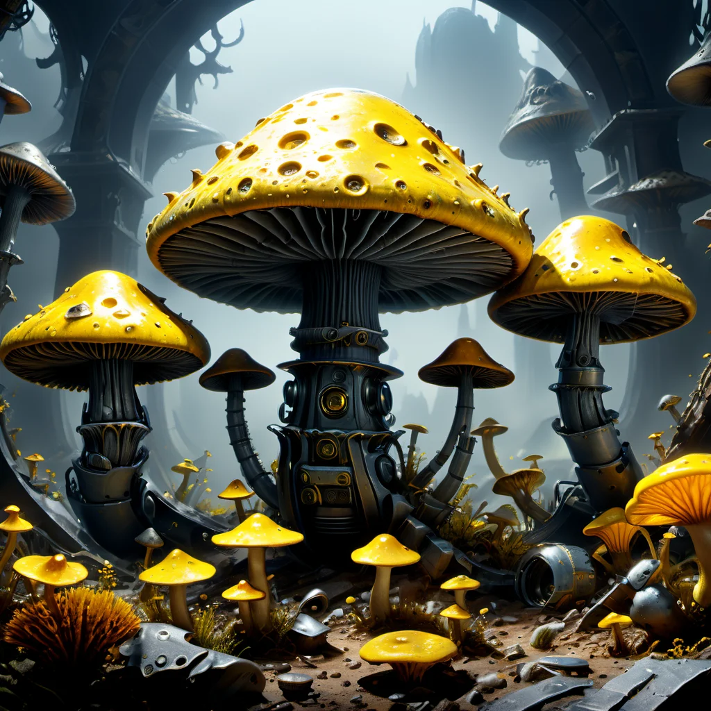 ((best quality)), ((masterpiece)), ((realistic,digital art)), (hyper detailed),DonMR3mn4ntsXL Yellow Ochre Mighty Cup-shaped Scaly mushroom, Bumpy Texture, Beneficial Mycorrhizae, Swell, Tufted, Rough-textured Volva,,Cap Margin Scaly Pileus,,Uniform Bruising, , octane rendering, raytracing, volumetric lighting, Backlit,Rim Lighting, 8K, HDR, <lora:DonMR3mn4ntsXL-000016:1>