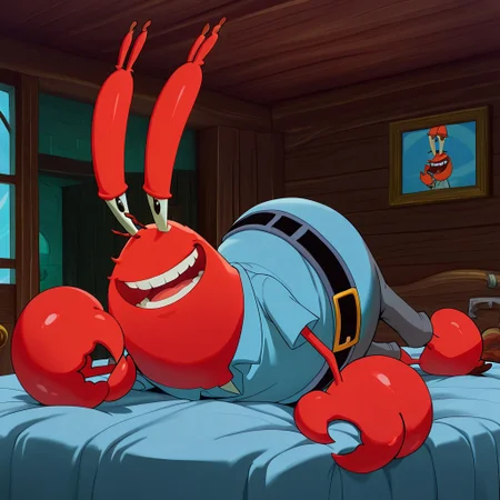 masterpiece, best quality, amazing quality, Mr_krabs, red skin, claws, blue shirt, smiling, grin, Male, teeth, detailed teeth, good shading, Full body, open mouth, lying on his side, on a bed, belt, solo, 1boy