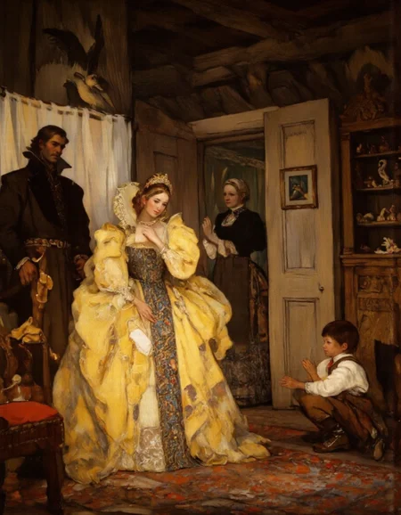 UHD, 8K, ultra detailed, a cinematic photograph of Rembrandt style <lora:kochergin:1>, This is a highly detailed, realistic oil painting by German artist Max Liebermann, titled "The Snow Queen." The painting depicts a scene from the fairy tale "The Snow Queen" by Hans Christian Andersen. The central figure is a young woman dressed in a voluminous, yellow gown with a dark blue bodice and puffy sleeves. Her hair is styled in a loose, wavy fashion, and she wears red high-heeled shoes. Surrounding her are three other figures: a man, a woman, and a boy. The man, standing to the left, has a serious expression and wears a brown coat and trousers. The woman, standing slightly behind the man, has a neutral expression and is dressed in a dark brown dress with a white apron. The boy, standing to the right, has a curious expression and is dressed in a white shirt with brown trousers and a vest.,
The setting appears to be a rustic, wooden interior with a wooden ceiling and beams. The walls are adorned with a bird sculpture and a small, framed painting. In the background, there is a wooden shelf with various small, wooden toys. The lighting is warm, casting soft shadows that enhance the texture and depth of the scene. The painting captures a moment of stillness and contempl . Baroque, chiaroscuro, realistic, emotional, "flat lighting, beautiful lighting, great composition