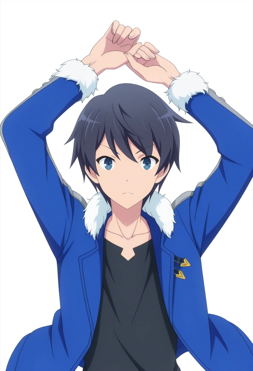 masterpiece, best quality, intricate details, anime screencap, , official style, looking at viewer, 1boy, solo, male focus, <lora:touya_mochizuki_ilxl:0.96>, touya_mochizuki, black hair, blue eyes, , studio with white backdrop, in dramatic pose, arms raised, int,
