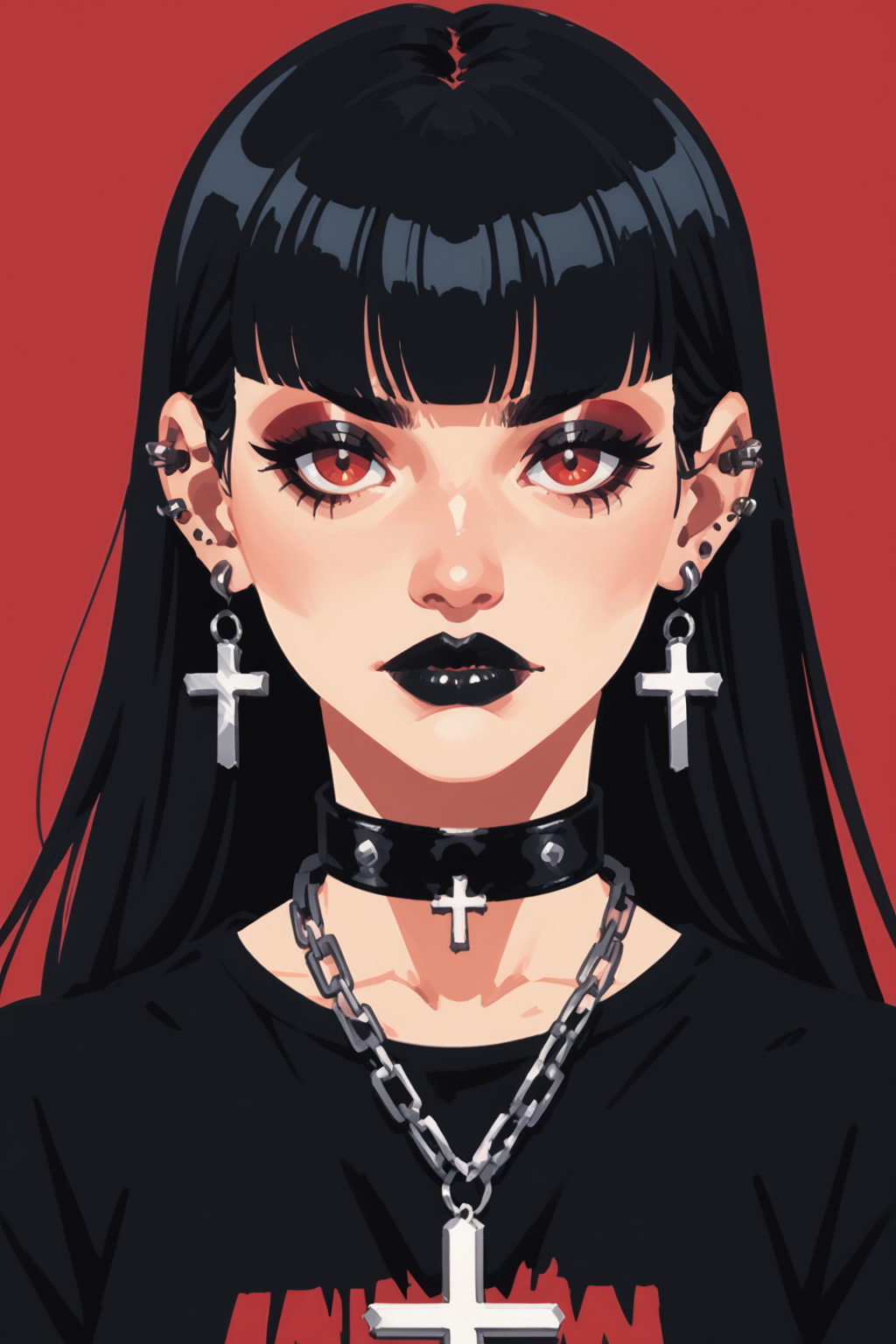 1girl, black  jewelry, solo, red eyes, goth fashion, red background, black hair, earrings, long hair, cross, makeup, looking at viewer, necklace, cross earrings, simple background, piercing, collar, blunt bangs, ear piercing, fishnet top, eyeshadow, choker, closed mouth, cross necklace, lipstick, black shirt, fishnets, portrait, red  upper body, , black choker, lip piercing,  , chain, eyeliner, shirt, eyelashes, hime cut, chain necklace,, zPDXL3,  PnyCmicXLPOS, detailxl,  (lineless, vector art:1.5)