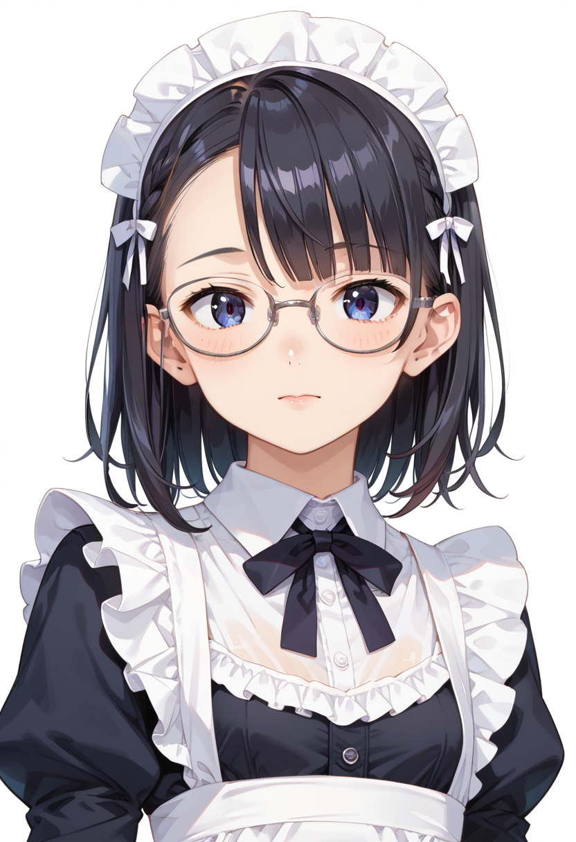 score_9, score_8_up, score_7_up, rating_safe, masterpiece, best quality, absurdres, unity 8k wallpaper, official art, official style, source_anime, uncensored, game cg, megami magazine,
1girl, solo, black hair, medium hair, upper body, covered eyes,maid, maid headdress, black dress, maid apron, face focus,
oval_metal, glasses, still life, white background, simple background, grey-framed eyewear,
 <lora:glasses_OvalMetal2_PONY_V1:1>