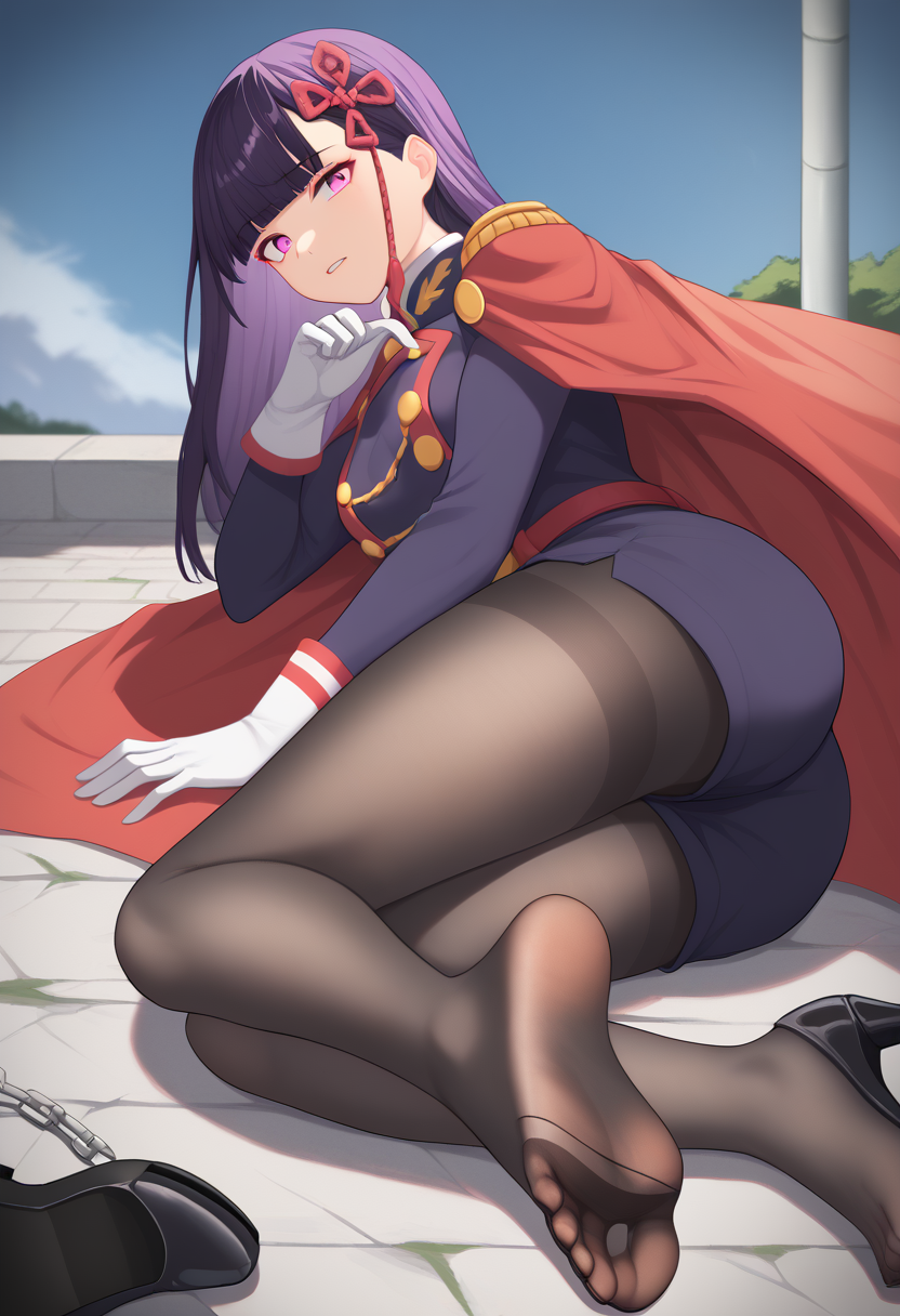 score_9,score_8_up,score_7_up,<,,<lora:yamashirorenn_pony:1>,1girl, feet, pantyhose, soles, gloves, long hair, high heels, shoes, white gloves, toes, boots, legs, ass, solo, lying, torn clothes, purple eyes, black footwear, shorts, single boot, breasts, black hair, black pantyhose, shoes removed, long sleeves, red cape, boots removed, on side, bangs, no shoes, cape, single shoe, torn pantyhose, high heel boots, purple hair, uniform, full body, foot focus, chain, looking at viewer, teeth, military, military uniform, thighs, pink eyes, jacket, blunt bangs, parted lips, night, hair ornament, buttons, skirt, foreshortening, double-breasted, outdoors, medium breasts, sky
