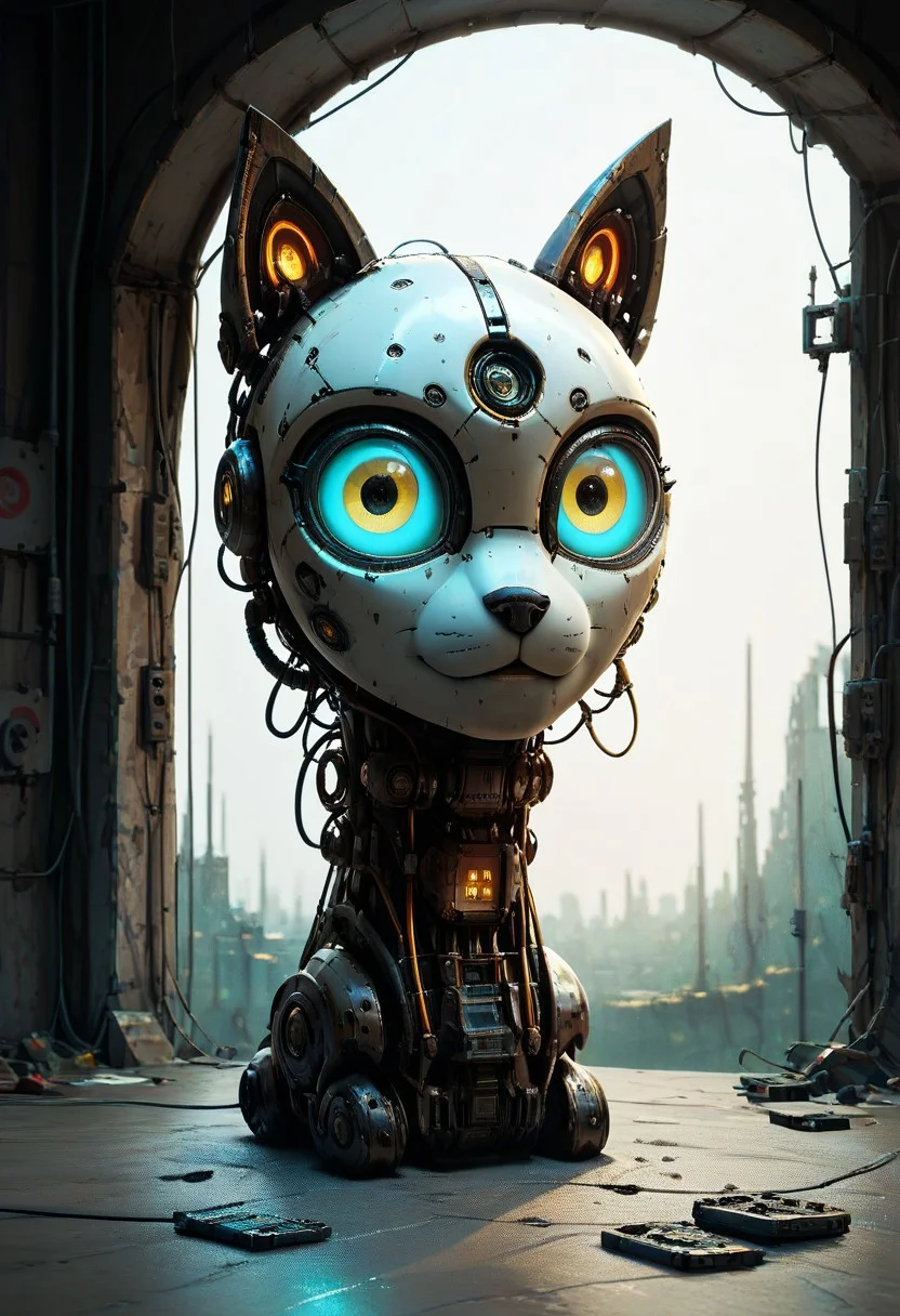 masterpiece,best quality,amazing quality,very aesthetic,high resolution,ultra-detailed,absurdres,newest,scenery,depth of field,scenery,volumetric lighting, beautiful, looking at you, score_9, score_8_up, score_7_up,evi@decrepPunk, cat robot