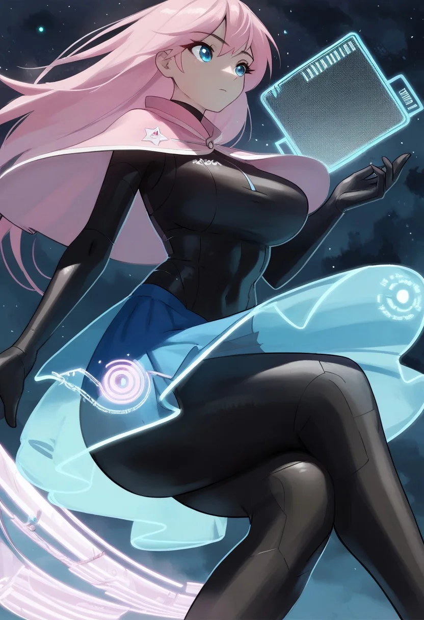 score_9, score_8_up, score_7_up, score_6_up, score_5_up, score_4_up, 1girl, solo, black latex bodysuit, large breasts, legs crossed , floating, typing, holograms, sci-fi, stars, 
BREAK,
pink capelet, pink hair, long hair,
BREAK,
Hologram skirt, blue skirt, transparent skirt