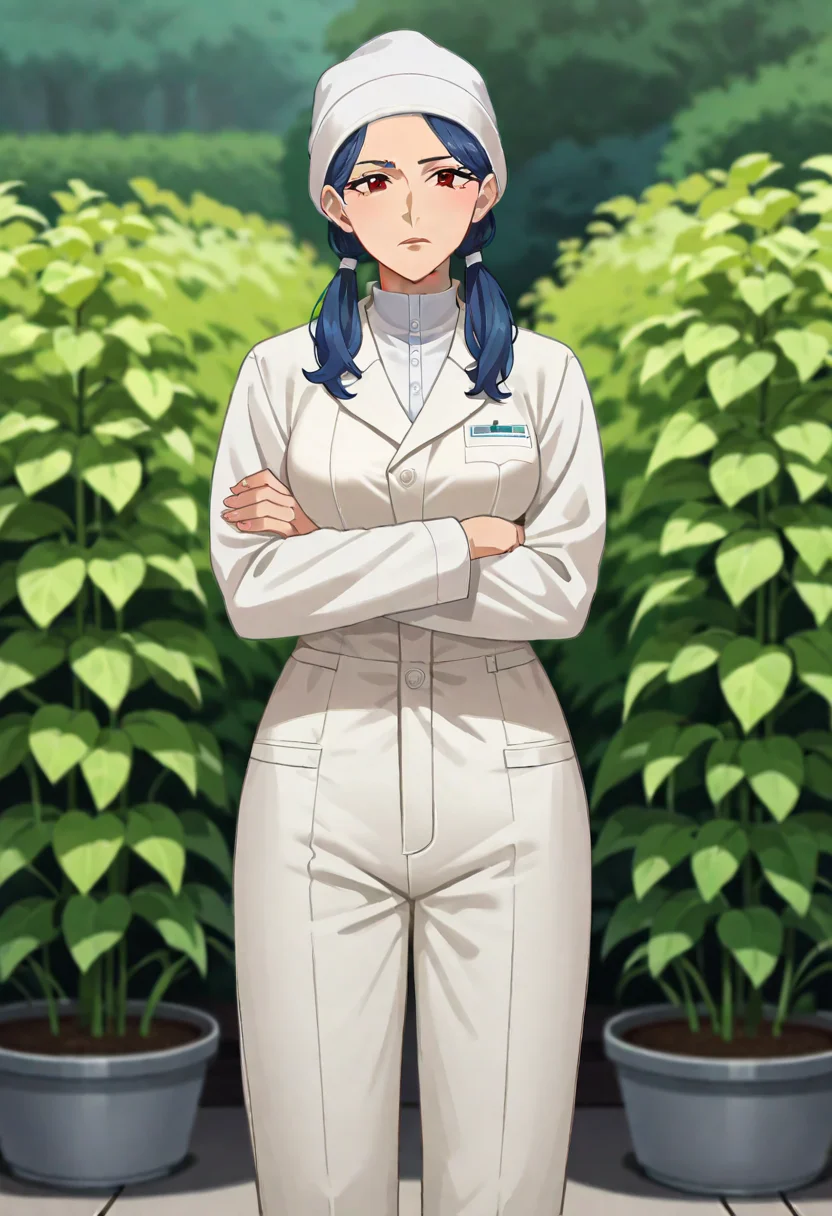 PonyXLV6_Scores,source_anime,anime_screencap,1girl,solo:1.2,mature female,blue hair,twintails,red eyes, <lora:Reactorworkerpony:0.75>,reactorworker,white hat,beanie,jacket,white jacket,white shirt,white pants,boots,crossed arms,medium breasts,nuclear powerplant,industrial,outdoors