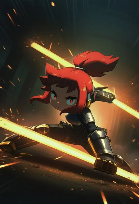PRFRV Style, atmospheric lighting, 1girl, red hair, ponytail, yellow lightsaber, fighting pose, armored suit, serious expression, sparks, sci-fi setting, futuristic corridor, action scene, detailed, shaded, dynamic lighting