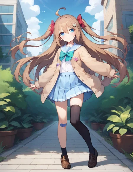 score_9,score_8_up,score_7_up,score_6_up BREAK official art,solo,outdoors,looking at viewer,facing viewer,Neuro-sama,ahoge,very long hair,long hair,brown hair,two side up,hair bow,red bow,hairclip,heart hair ornament,hair between eyes,bangs,blue eyes,school uniform,blue sailor collar,brown cardigan,open clothes,open cardigan,white shirt,green bow,puffy long sleeves,sleeves past wrists,button badge,small breasts,blue skirt,pleated skirt,bandaid on knee,single thighhigh,asymmetrical legwear,black thighhighs,single sock,loafers,brown footwear,<lora:Neuro-Sama(vtb)-Pony-000015:1.2>,<lora:Smooth Anime Style LoRA XL>,