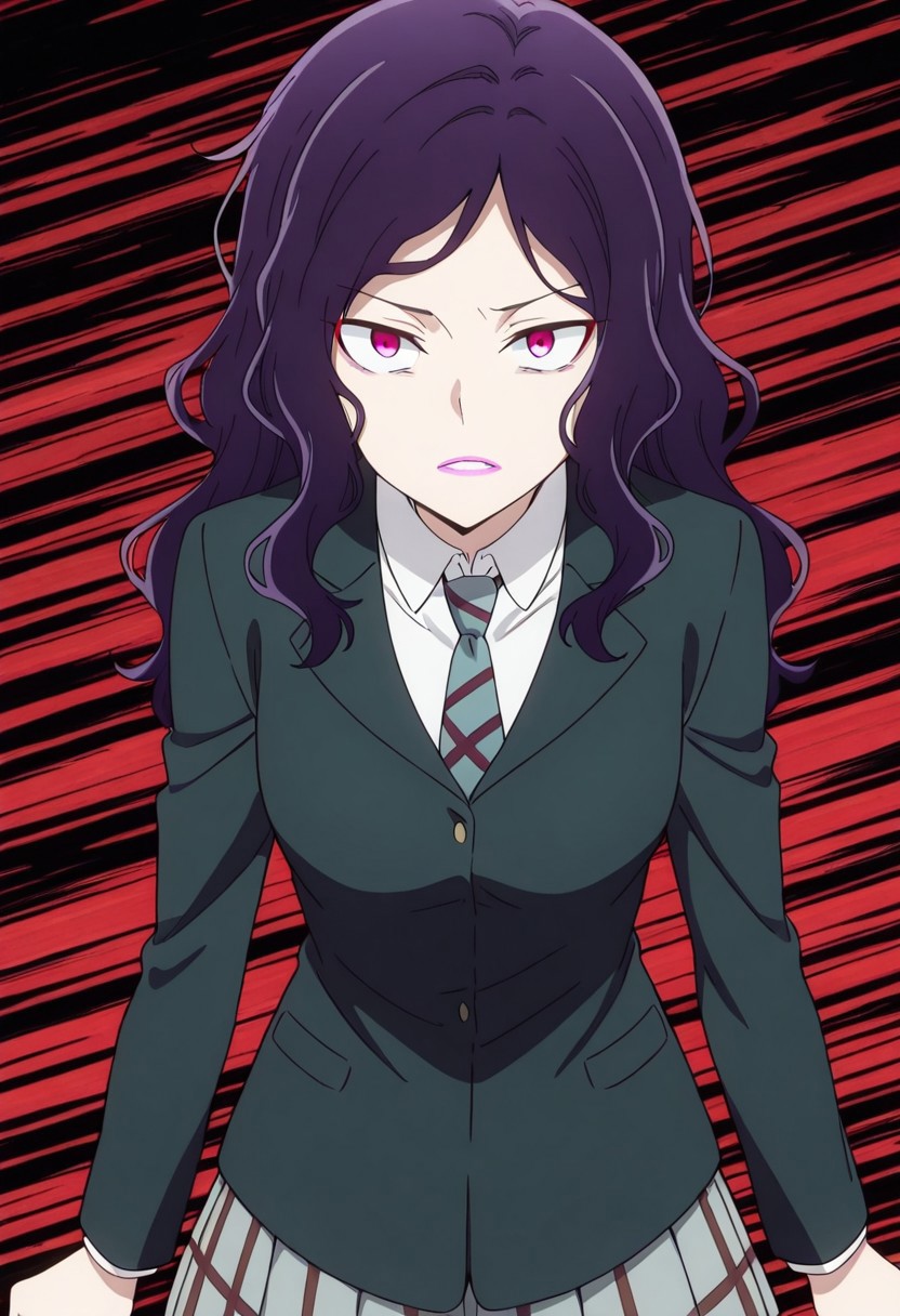 masterpiece, best quality, amazing quality,1girl, solo, BREAK
,beltosiekwk,purple hair,long hair, wavy hair, purple eyes,makeup,lipstick, school uniform,necktie,
BREAK
,multicolored background,cowboy shot, looking at viewer