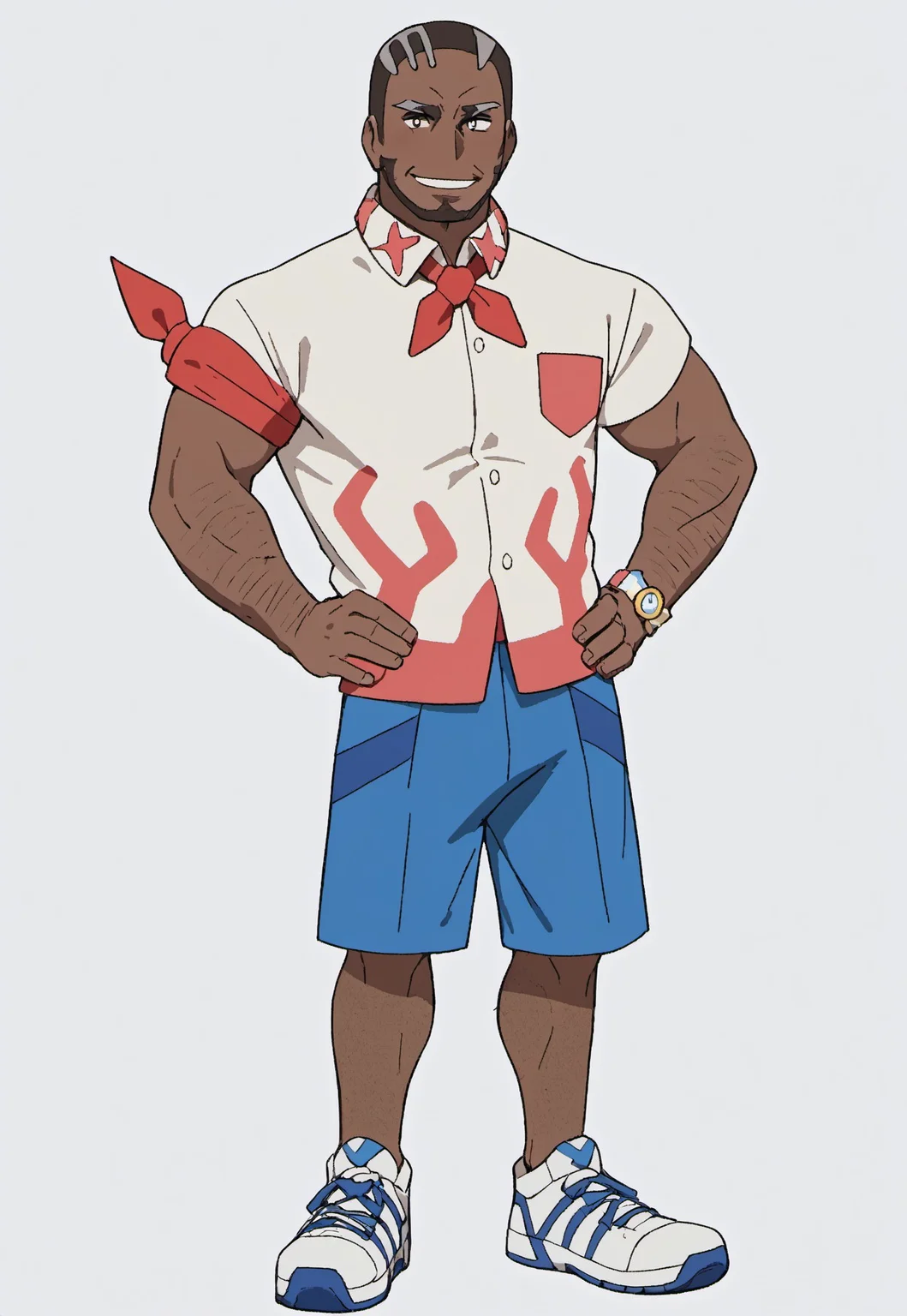 safe_pos, score_9, score_8_up, score_7_up, source_anime, rating_nsfw, ultra hd, absurdres, solo, masterpiece, best quality, best aesthetic, Expressiveh, wolfconf, 1boy
PokemonMurdock, dark-skinned male, short hair, facial hair, collared shirt, shorts, ((leg hair)), hands on hips, smiling, full body, sneakers, sea background