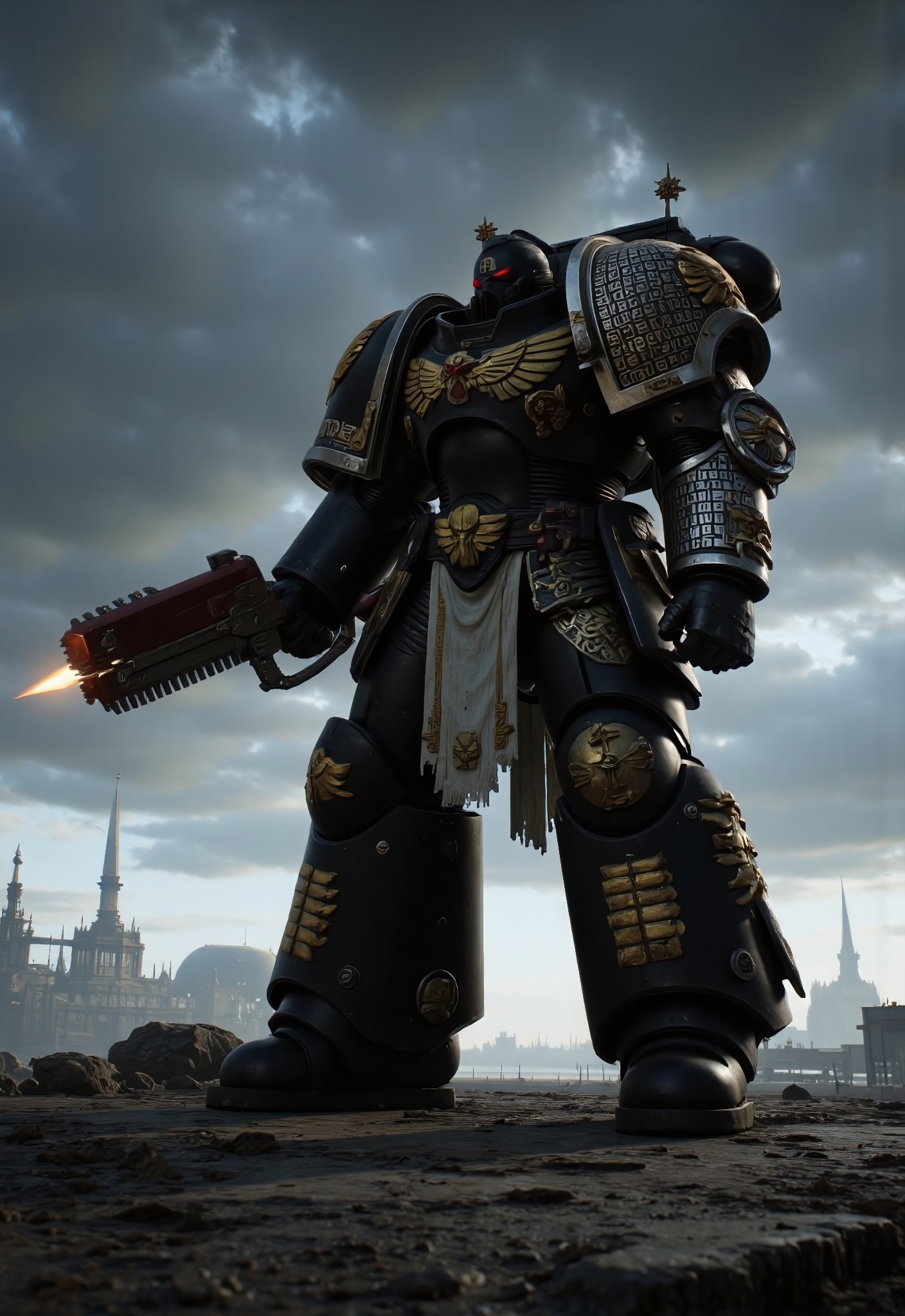 (Masterpiece, ultra-realistic, 32k, best quality, hyper-detailed, cinematic lighting, intricate textures, photorealistic, dramatic composition, immersive depth.)
Golden runes and cybernectic line decorate, Grimmdark, darktale, machanical, Elden rings. Empty space, Interstellar cosmic background.
A brutalist walking Mech, strides across a post-apocalyptic ruin Temple, fighting stance. Its massive armored frame, adorned with gilded plating, pulses with glowing cybernetic runes, blending divine authority with cold mechanical precision. Black mix Golden. 
armed with Chainsword.
On the space deck, giant Gothic-mechanical Cathedral nearby.
A dynamic wide-angle shot, with lowkey lighting, deep atmospheric contrast, and high cinematic tension, captures the monumental scale of this gothic-cybernetic war titan.