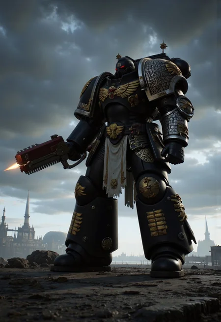 (Masterpiece, ultra-realistic, 32k, best quality, hyper-detailed, cinematic lighting, intricate textures, photorealistic, dramatic composition, immersive depth.)
Golden runes and cybernectic line decorate, Grimmdark, darktale, machanical, Elden rings. Empty space, Interstellar cosmic background.
A brutalist walking Mech, strides across a post-apocalyptic ruin Temple, fighting stance. Its massive armored frame, adorned with gilded plating, pulses with glowing cybernetic runes, blending divine authority with cold mechanical precision. Black mix Golden.
armed with Chainsword.
On the space deck, giant Gothic-mechanical Cathedral nearby.
A dynamic wide-angle shot, with lowkey lighting, deep atmospheric contrast, and high cinematic tension, captures the monumental scale of this gothic-cybernetic war titan.