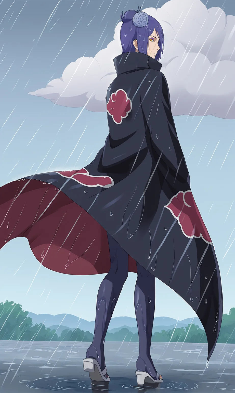 from behind,looking back,
k0nan, 1girl, solo,orange eyes, purple eyeshadow, lip piercing,
single hair bun, short hair, hair flower,cloak,
long sleeves, high collar, cloud print, black pantyhose, sandals,
rain, wind, clouds, wet,
<lora:Naruto_Konan_PXL-000012:1>