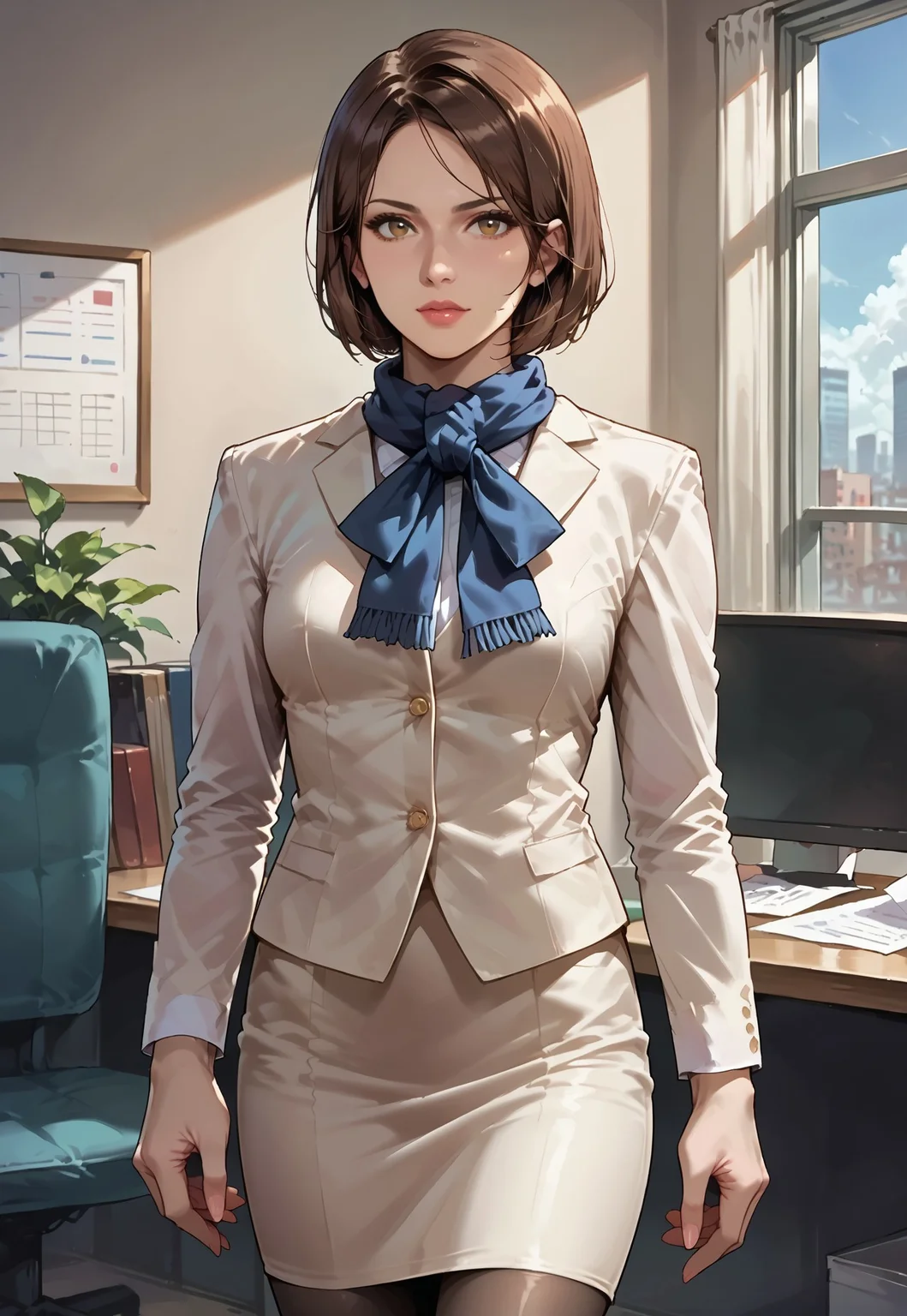 Score_9_up, score_8_up, score_7_up, source_realistic, cowboy shot, BREAK 1girl, solo, pm3d1c, brown hair, bob haircut, scarf, shirt, formal, bow, skirt, pantyhose, office,