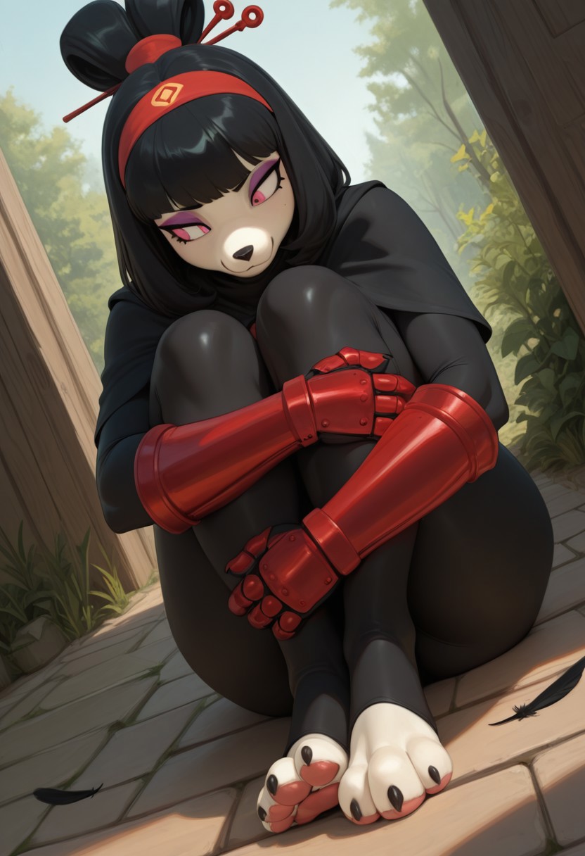 smewed,  outdoors, undershirt, falling feathers, black bodysuit, hair stick, hugging own legs, , gauntlets,   eyeshadow,   red gloves, black capelet, red hairband, pink eyes, 1girl, solo, feet, medium hair, black hair  dynamic angle, foreshortening, furry, furry female, anthro, paws, claws, pawpads,