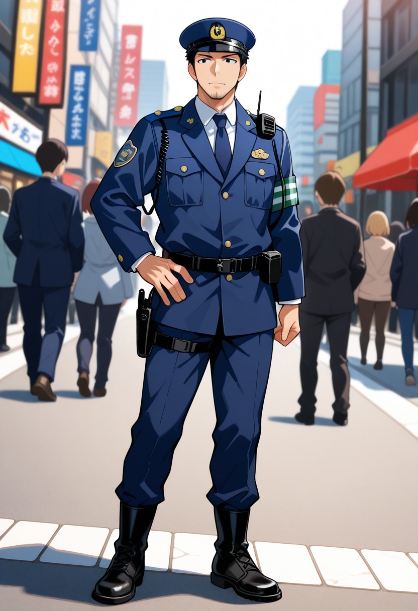 score_9, score_8_up, score_7_up, score_6_up, perfect anatomy, perfect proportions, best quality, masterpiece, high_resolution, high quality, aesthetic, absurdres, male focus, solo male, adult, mature, masculine, manly, handsome, charming, alluring, standing, (solo focus, full body, dutch angle, cowboy shot,) BREAK  (asian male, japanese male:1.3), black eyes, black hair, short hair, facial hair, stubble, BREAK Japanese Winter Police Uniform, Japanese Police Uniform, Winter Police Uniform, male Police Uniform, HannekenJpPcWt02, white collared shirt, dark blue necktie, dark blue Katsudofuku jacket, Katsudofuku\(activity jacket\), rank insignia, Japanese police emblㄝem, dark blue pants, Walkie-Talkie, hip holster, black boots, Ryakubo cap, Ryakubo\(fatigue cap\), outdoors, japanese modern city, Intersection, traffic, crowd, pedestrian, blurred background