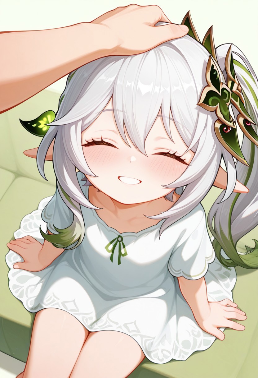 masterpiece,best quality,amazing quality,Nahida_(Genshin_Impact), casual clothing, smile with teeth, blush, closed eye, look at viewer, sitting, headpat, high angle, simple background