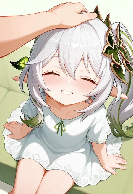 masterpiece,best quality,amazing quality,Nahida_(Genshin_Impact), casual clothing, smile with teeth, blush, closed eye, look at viewer, sitting, headpat, high angle, simple background