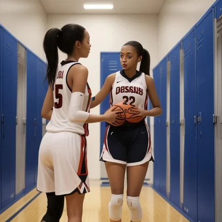 2 women basketball players, standing in a locker room, undressing changing clothes