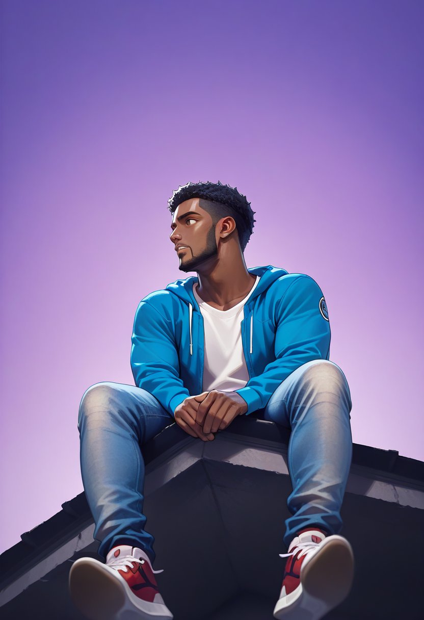 score_9, score_8_up, score_7_up, score_6_up,high quality,masterpiece,uhd,dramatic effect,cinematic effect, mature,


FHD14_KZ, foot_dangle, hands, looking_to_the_side, on_roof, blue_theme, purple_background, abstract_background, 1boy, black hair, facial hair, jeans, dark skinned male, sneakers, sweatshirt
