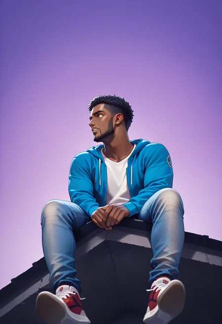 score_9, score_8_up, score_7_up, score_6_up,high quality,masterpiece,uhd,dramatic effect,cinematic effect, mature,


FHD14_KZ, foot_dangle, hands, looking_to_the_side, on_roof, blue_theme, purple_background, abstract_background, 1boy, black hair, facial hair, jeans, dark skinned male, sneakers, sweatshirt
