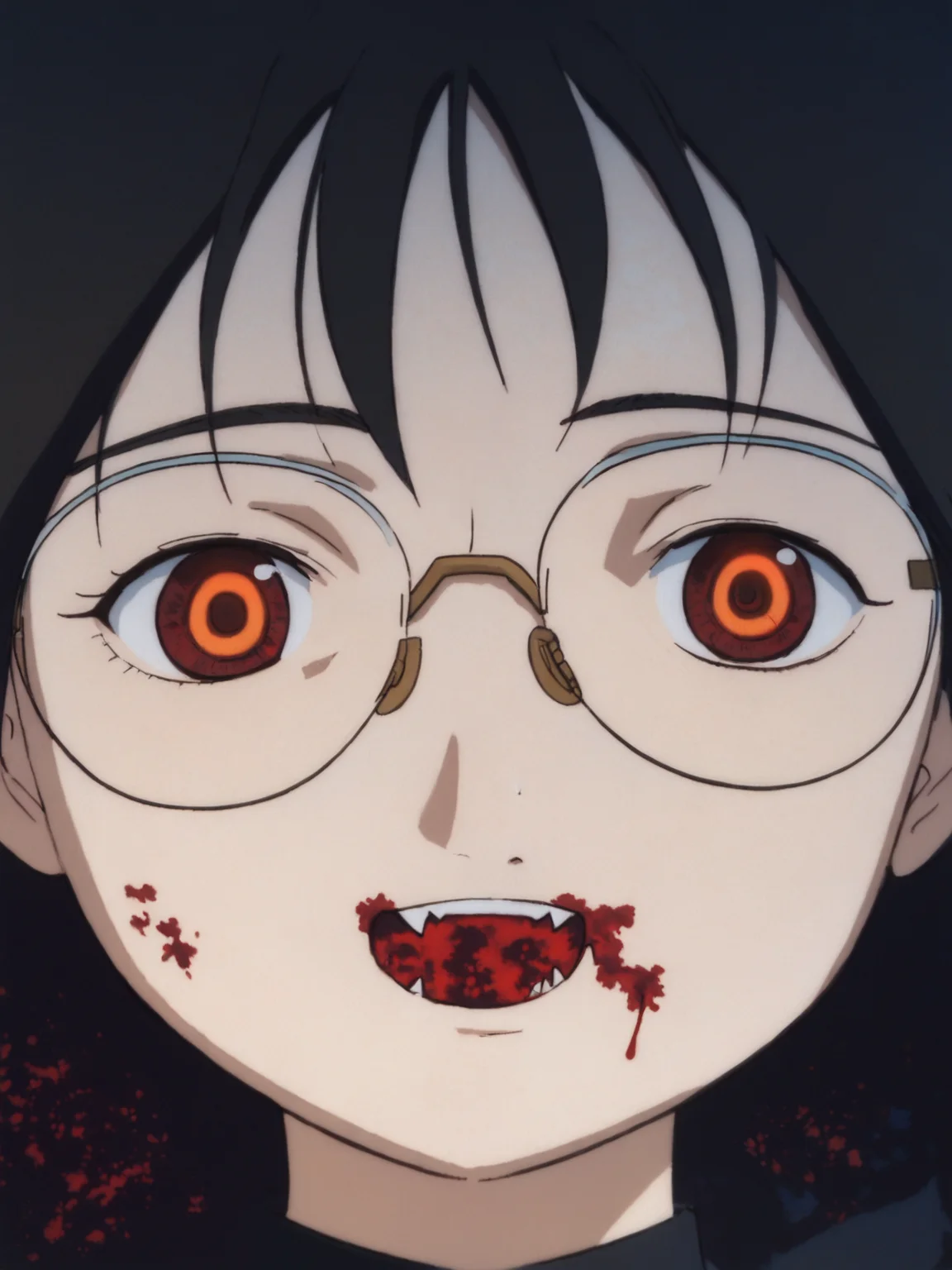 score_9, score_8_up, score_7_up, score_6_up, score_5_up, BREAK masterpiece, high quality, <lora:Yomoda_Chisa_PDXLv1.1-e97:0.7> yomoda chisa, glasses, evil smile, blush, hearts, evil red eyes, head tilt, <lora:Anzu_PDXLv0b:0.65>, black dress, black collar, death girl, gothic, blood on face, ((glowing eyes:1.4)), face only, close-up, open mouth:1.2, sharp teeth:1.4, bloodily background, ((blood on face:1.4)), black hair, cute