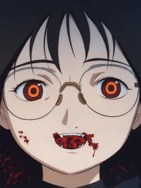 score_9, score_8_up, score_7_up, score_6_up, score_5_up, BREAK masterpiece, high quality, <lora:Yomoda_Chisa_PDXLv1.1-e97:0.7> yomoda chisa, glasses, evil smile, blush, hearts, evil red eyes, head tilt, <lora:Anzu_PDXLv0b:0.65>, black dress, black collar, death girl, gothic, blood on face, ((glowing eyes:1.4)), face only, close-up, open mouth:1.2, sharp teeth:1.4, bloodily background, ((blood on face:1.4)), black hair, cute