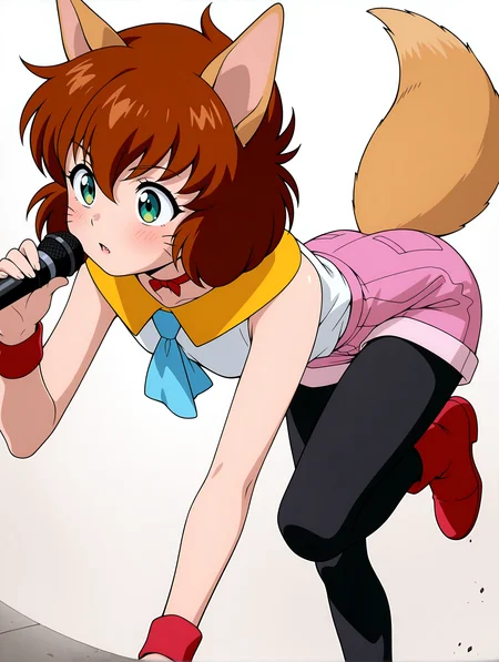 masterpiece,best quality,amazing quality,
1girl,solo,
anime screencap,<lora:koto_ilxl_v1.0:1>,koto,brown hair,green eyes,whiskers,fang out,
k_clothes,yellow collar,red ribbon choker,white sleeveless shirt,blue necktie,pink shorts,fox tail,black_pantyhose,red footwear,k_m,holding microphone,
<lora:Fixhands_anime_bdsqlsz_V1:1>,simple background,running,parted lips,