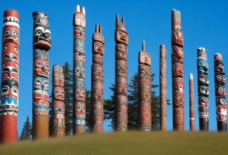 a photograph from the ground, pointing up of beautifully decorated, intricately carved, beautifully painted, wooden totem poles, native American art, with various totem animals, hares, bears, eagles, and other native american animals, stands on a beautiful natural background with land, water, sky and nature present, a realistic, breathtaking tall, wooden totem, nature, natural, absurdres, breathtaking, OverallDetailX, pop Tlingit totem pole, Archi Sculpture Photography