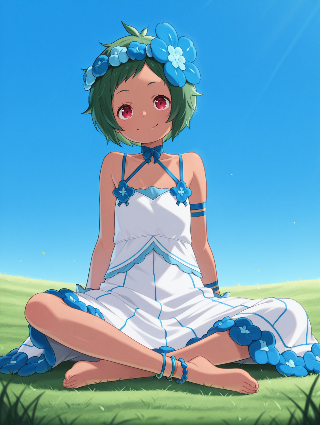 <lora:Typhon Illu:1>1girl, solo,
typh0n, green hair, short hair, dark skin, red eyes, 
tdr3ss, head wreath, blue hair flower, sundress, criss-cross halter, blue flower, arm straps, wrist cuffs, anklet, barefoot, 
sitting, closed smile, 
blue sky, grass,
full body, cowboy shot,, masterpiece, best quality, amazing quality