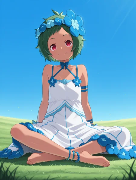 <lora:Typhon Illu:1>1girl, solo,
typh0n, green hair, short hair, dark skin, red eyes,
tdr3ss, head wreath, blue hair flower, sundress, criss-cross halter, blue flower, arm straps, wrist cuffs, anklet, barefoot,
sitting, closed smile,
blue sky, grass,
full body, cowboy shot,, masterpiece, best quality, amazing quality