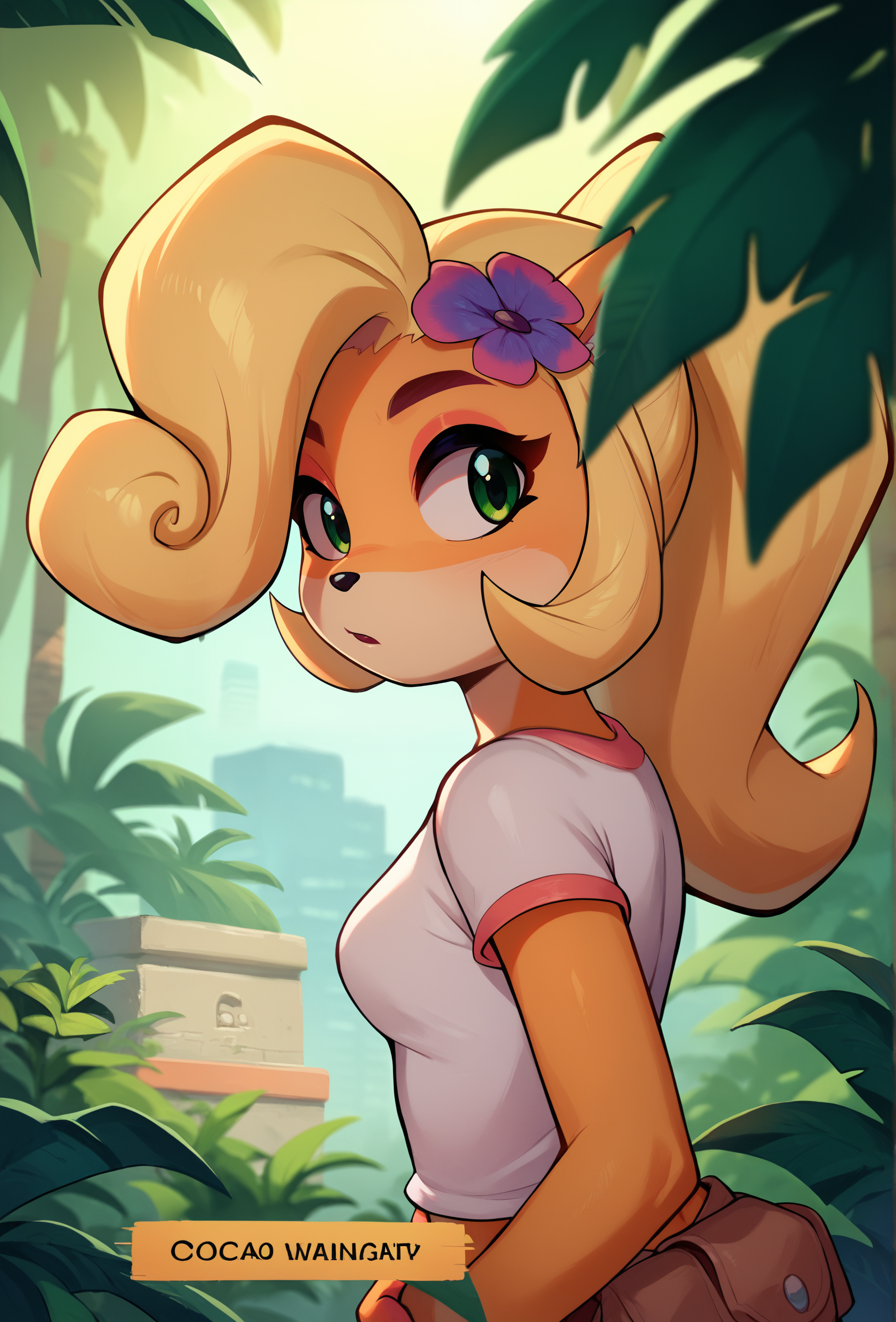 score_9, score_8_up, score_7_up, score_6_up, score_5_up, score_4_up,  <lora:shadowill_style_ponyXL_v1.2:1> shadowillstyle, depth of field, (english text, character name:1.1), jungle, city
1girl, furry, coco bandicoot, solo, green eyes,  sneaking, from side