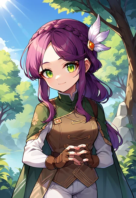 score_9,score_8_up,score_7_up,source_anime,zPDXL3,outdoors,tree,day,sky,rock,blue sky,sunlight,upper body,
*//*,<lora:Adventurer_Archer_Pony:1>,bowmaster_new,1girl,solo,purple hair,long hair,braid,ponytail,green eyes,long sleeves,feathers,gloves,white pants,cape,feather hair ornament,fingerless gloves,brown gloves,hair ornament,bangs,
looking at viewer, light smile,