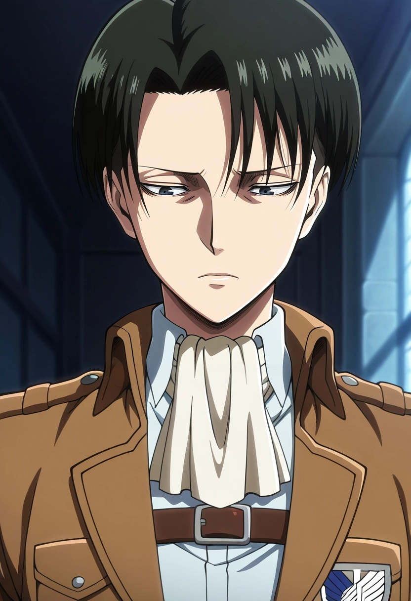 masterpiece, best quality, intricate details, anime screencap, anime coloring, , , , 1boy, solo, male focus, <lora:levi_ackerman_ilxl:0.96>, levi_ackerman, black hair, black eyes, short hair, curtained hair, paradis military uniform, ascot, , ,