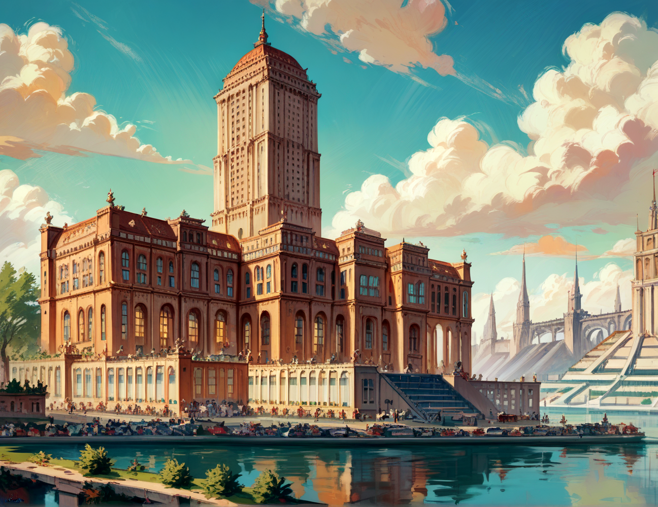 score_9, score_8_up, score_7_up,
<lora:Soviet_Gothic_(Architecture)_(Pony)_(AD):0.8> Soviet Gothic, monumental architecture, architecture, city, cityscape, scenery, building, skyscraper, 
8K, In'ei, chiaroscuro, rim lighting, perfect depth of field shot, beautiful, subsurface scattering, idealized city, wide beautiful boulevards, busy city center, parks and manicured lawn areas, large parks, plazas, detailed fluffy anime clouds, skyscrapers, made out of limestone, gothic style, photographic realism, soft lighting, soft shading,  art by Thomas Kinkade, Soviet, Communist, 
BREAK zPDXL, zPDXLxxx, <lora:wowifierXL:0.2> art by mooncryptowow <lora:sdxl_lightning_8step_lora:0.4> <lora:detailed_notrigger:0.5>